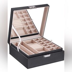 Jewelry Box Organizer 40 Section Display 2 Tier Large Mirror PU Leather Black